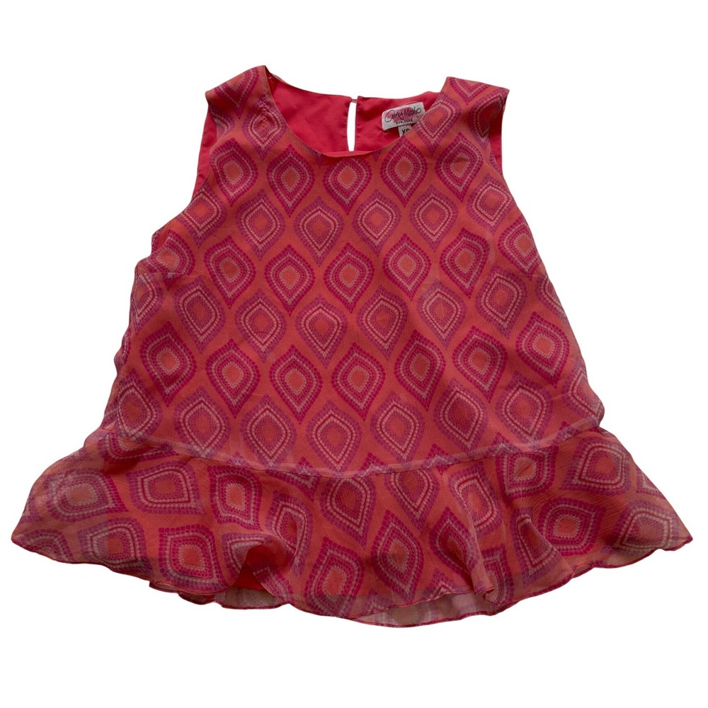Amy Matto Tank Top Women XS Pink Orange Geometric Silk Ruffle Hem Sleeveless